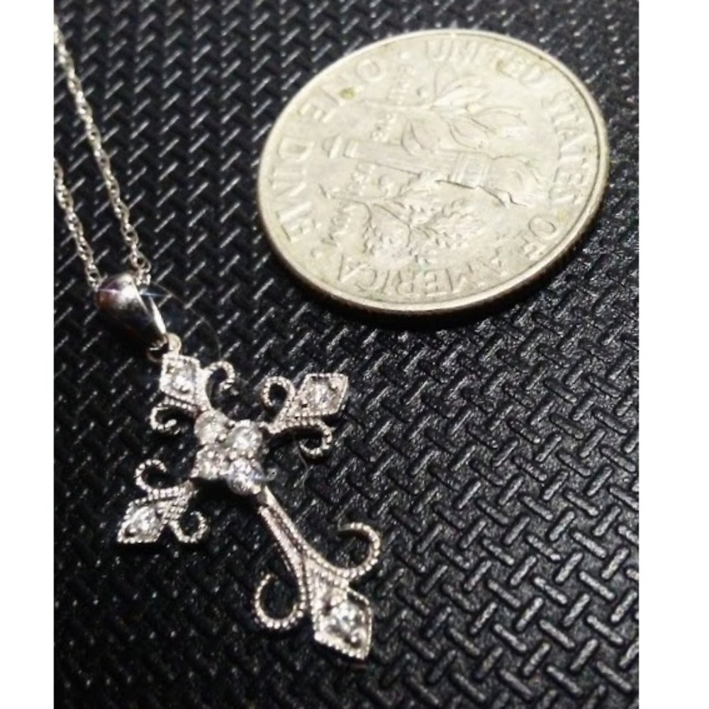 Solid 14k White Gold Genuine Diamonds Filigree Cross Necklace 18" New WOT - Picture 6 of 12